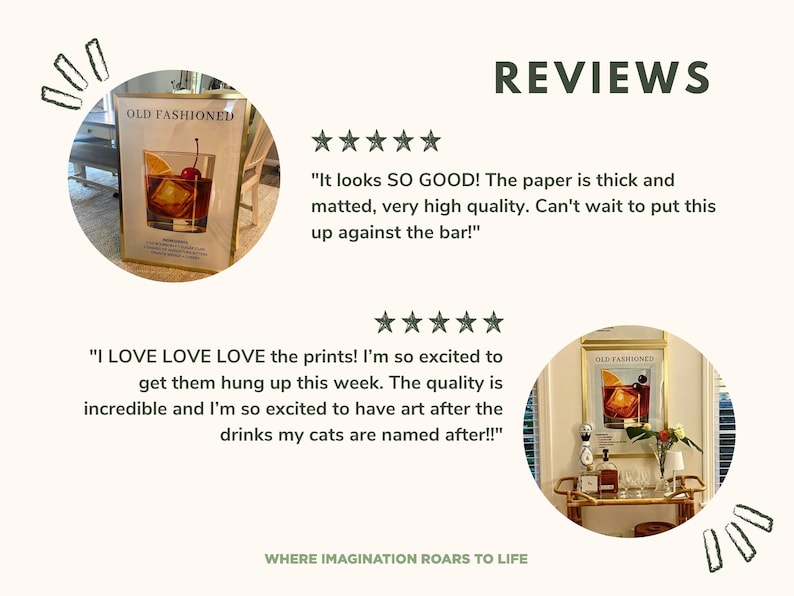 May include: Two framed prints of an illustration of an "Old Fashioned" cocktail. The prints are displayed in a home setting. The text "Where Imagination Roars to Life" is at the bottom of the image.