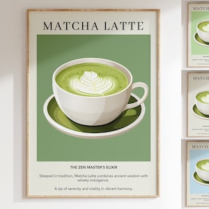Plakat Matcha Latte | Wydruk z herbatą i kawą | Japońska herbata | Plakat z napojami retro | Wystrój kuchni | Minimalistyczny wydruk ścienny | Parapetówka