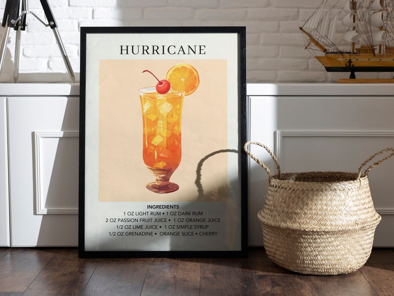 May include: A printable poster with a vintage-style illustration of a Hurricane cocktail. The poster has the title "HURRICANE" and lists the ingredients: 1 oz light rum, 1 oz dark rum, 2 oz passion fruit juice, 1 oz orange juice, 1/2 oz lime juice, 1 oz simple syrup, 1/2 oz grenadine, orange slice, and cherry.
