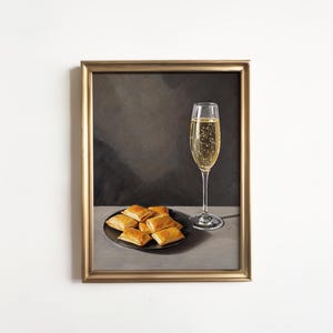 Mini Pizza Pockets and Champagne Art Print: Frozen Snack Decor, Vintage Style Oil Painting Still Life Gift for New Home Kitchen Decor