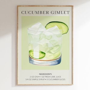 Cucumber Gimlet Art Print | Bar Cart Decor Cocktail Poster | Wedding Signature Drink Sign | Trendy Wall Art | Minimalist Sophisticated Retro