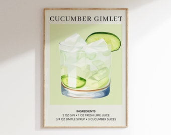 Impresión de arte Gimlet de pepino / Cartel de cóctel de decoración del carrito de bar / Signo de bebida de firma de boda / Arte de pared de moda / Retro sofisticado minimalista