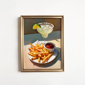 May include: A painting of a margarita with a lime wedge, french fries, and a small dish of ketchup on a white plate.