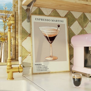 Barwagen Espresso Martini Art Print | Cocktailkunstdecoratie | Mixologiecadeau voor haar | Alcoholteken | Aquarel retro drankje poster | Keuken