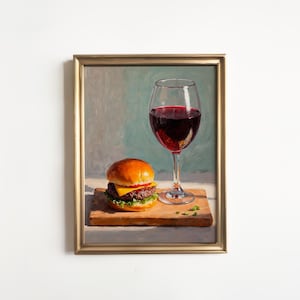 Red Wine and Cheeseburger Canvas: Cute Quirky Whimsical Food Still Life Bar Cart Decor, Elegant Trendy Oil Painting, Kitchen Bathroom