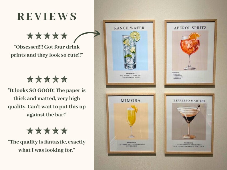 May include: Four framed cocktail recipe prints with illustrations of the drinks. The prints are in a light wood frame and have a white background. The drinks are Ranch Water, Aperol Spritz, Mimosa, and Espresso Martini.