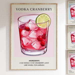 Vodka Cranberry Art Print | Bar Cart Decor Cocktail Poster | Wedding Signature Drink Sign | Trendy Wall | Minimalist Sophisticated Retro