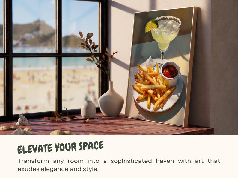 May include: A framed painting of a glass of margarita with a lime wedge and french fries with ketchup on a white plate. The painting is on a wooden surface with a window and plants in the background.