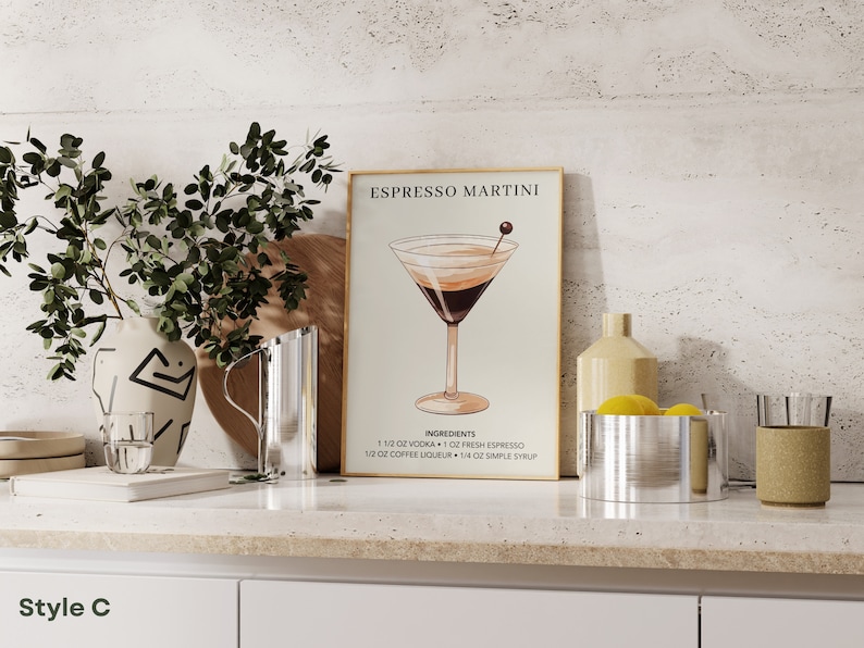 Espresso Martini Art Print Bar Cart Decor Cocktail Poster Party Signature Drink Sign Trendy Wall Minimalist Elegant Sophisticated C. Minimalistic