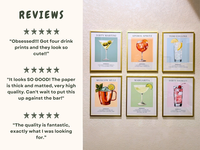 Puede incluir: Seis impresiones enmarcadas de recetas de c&oacute;cteles, cada una con un c&oacute;ctel diferente con su nombre e ingredientes enumerados debajo de la ilustraci&oacute;n. Los c&oacute;cteles incluyen un Dirty Martini, un Aperol Spritz, un Tom Collins, un Moscow Mule, una Margarita y un Dirty Shirley.