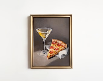 Dirty Martini and Pizza Art Print: Funny Conversational Piece Still Life Oil Painting, Gift for Foodie, Cocktail Bar Decor