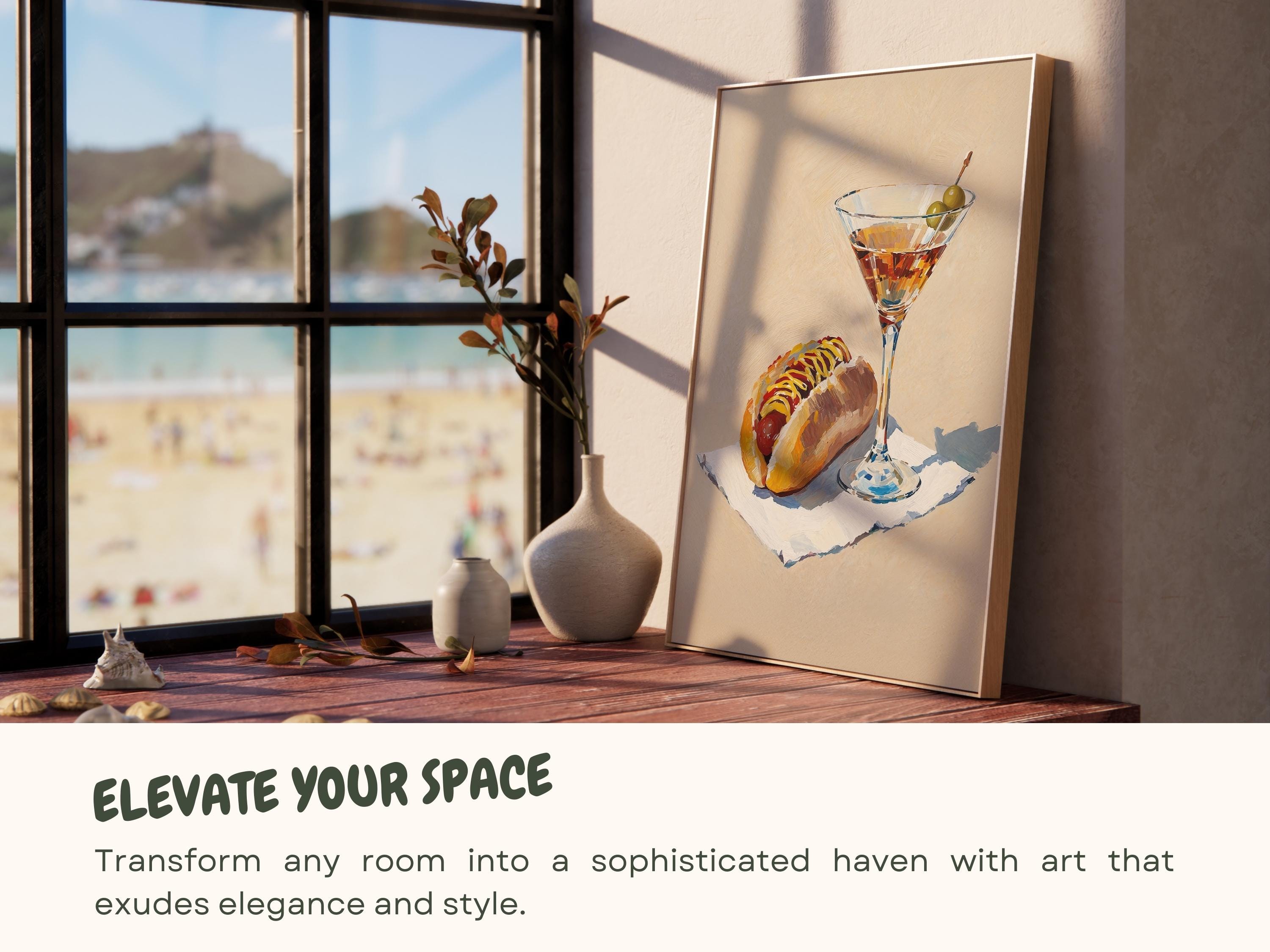 Hot Dog and Dirty Martini Print: Conversation Piece Still Life Artwork, Food and Drink Funny Art, Gift for Housewarming, Cocktail Cart Decor