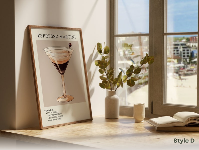 Espresso Martini Art Print Bar Cart Decor Cocktail Poster Party Signature Drink Sign Trendy Wall Minimalist Elegant Sophisticated D. Brown w/ offset