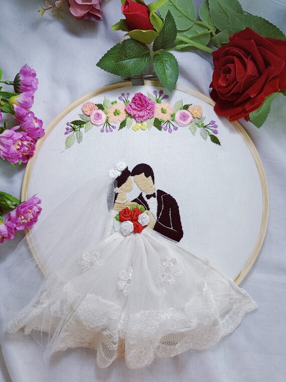 Bride and Groom Embroidered Hoop Art; Wedding Gift; 5 1/4 inches;  Handstitched