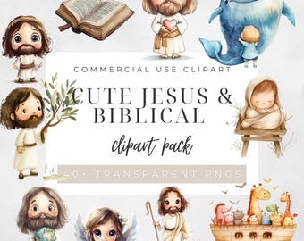Söt Jesus akvarell Clip Art Bundle, kristen boho konstverk (digital nedladdning)