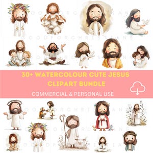 Pacote de clipart fofo de aquarela de Jesus Arte cristã Boho Download digital Clip Art de Jesus Pacote com mais de 30 imagens