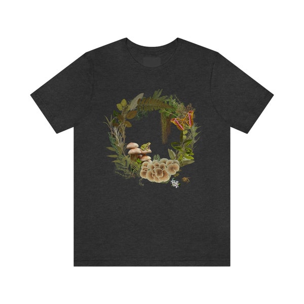 Cottagecore Frog and Moth T-Shirt, Soft Tee Men Women Unisex, wreath pressed greens flowers bees mushrooms ferns gardening nature outdoors