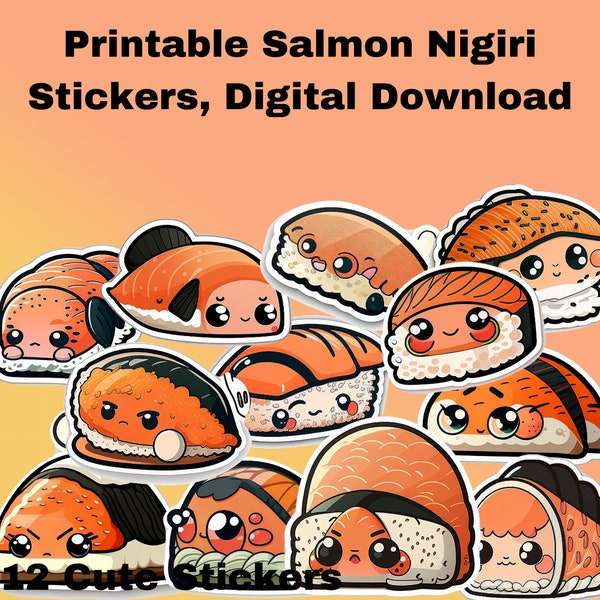 12 Cute Japanese Salmon Nigiri Stickers, Printable Stickers, AI Generated, Digital Style, Instant Download.