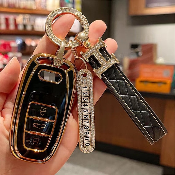 Bling Leather Car Keychain ,Anti-lost D-ring and 2 Key Rings Leather Key  Chain Crystal Diamond Keychains for Women