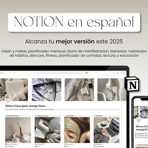 Puede incluir: Una captura de pantalla de una página web de Notion en español, que muestra una variedad de herramientas de organización y el texto "Alcanza tu mejor versión este 2025" (Alcanza tu mejor versión este 2025). La página web presenta varias imágenes, incluyendo una persona con una máscara facial, una persona leyendo un libro y una persona trabajando en una computadora portátil. El logotipo de Notion es visible en la esquina superior derecha de la pantalla.