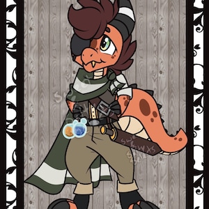 May include: Illustration of a cartoon dragon character with orange and brown scales, wearing a green and white striped scarf, brown pants, and a black eyepatch. The dragon is holding two potion bottles and a sword.