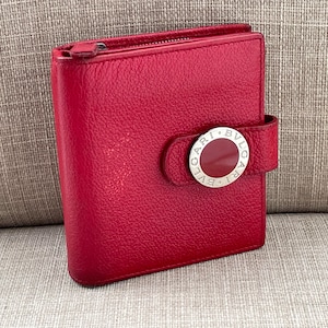 BVLGARI Wallet Red Leather Card Holder Clutch Purse Bifold Wallet Made in Italy