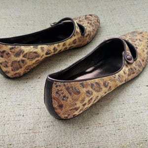 May include: A pair of leopard print ballet flats. The shoes feature a brown and tan spotted pattern with black trim and a strap. The shoes are made of a soft, textured material.
