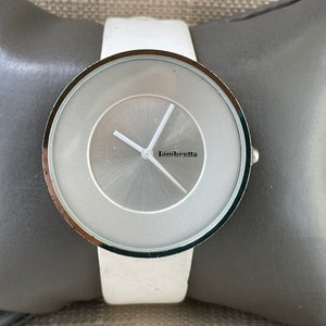 Vintage Lambretta Wristwatch White Leather Band White Face Silver Case Watch