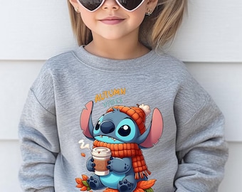 Kids Autumn Vibes Sweatshirt, Cute Fall Stitch Inspired Pullover, Adult, Youth Grey Crewneck, Cozy Halloween Outfit, Unisex shirt