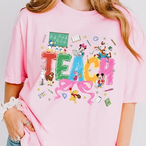 Comfort Colors Coquette Bow Disney Teacher Characters Shirt, Happy Teacher's Day 2025, Coquette Teach, Mickey and friends Teach Shirt