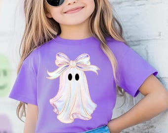 Iridescent Ghost Pumpkin Kids Shirt, Coquette Aesthetic Halloween Tee, Cute Girly Ghost Shirt, Sparkly Pastel Halloween, Kawaii Ghost Shirt