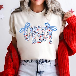 Comfort Colors® Coquette USA Shirt, 4th of July Shirt Women, Stars Stripes USA Flag Shirts, Floral Patriotic Shirt, Red White Blue