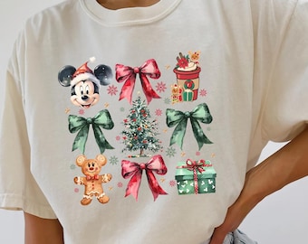 Comfort Color Disney Coquette Bows Gingerbread Christmas Tree Shirt, Mickey's Very Merry Xmas Party 2024 Tee,Disney Family Holiday Christmas