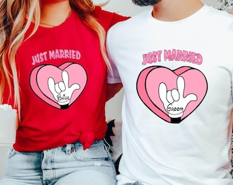 Koszulki unisex Just Married Minnie & Mickey, koszulki dla par Disney Matching Valentine, koszulki Disney Wedding Matching, koszulki Disney Honeymoon
