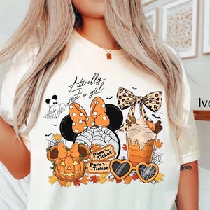 Maglietta di Halloween Disney "Literally Just A Girl", maglietta da caffè con fiocco di Minnie, maglietta autunnale con zucca Disney, maglietta di Halloween Disneyland, viaggio Disney per ragazze