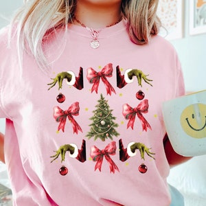 グリンチ コケット スウェットシャツ、クリスマス コケット ボウ スウェットシャツ、レトロ グリンチ クリスマス シャツ、おもしろいクリスマス シャツ、サンタ帽子