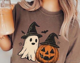 Koszula Spooky Ghost Halloween Comfort Colors, koszulka z motywem dyni w stylu preppy floral, koszulka Spooky Season, koszulka Ghost Aesthetic w kwiaty