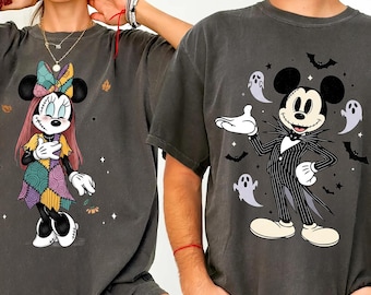 Camiseta de Halloween de Disney Comfort Colors®, camiseta de Mickey y Minnie, camiseta de Jack y Sally, camiseta de temporada espeluznante, camiseta de calabaza