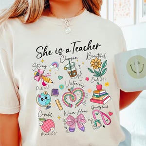 She Is Teacher Shirt, Christian Teacher Mom Floral Shirt, Coquette Bow Teacher Shirt, Bible Verse Teacher Gift, Teacher Apparel