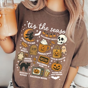 Vintage Halloween Comfort Colors® Shirt, Tis&#39; the Season, Retro Halloween Aesthetic, Women&#39;s Halloween Shirt, Pumpkin Witch Graphic Tee