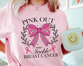 Pink Out Tackle Brustkrebs Shirt, Brustkrebs Bewusstsein T-Shirt, Pink Ribbon, Spieltag Shirt, Football Mom Coquette Shirt