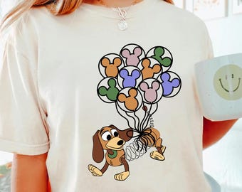 Maglietta Slinky Dog con palloncini di Topolino, maglietta Toy Story, regalo per amanti dei cani Disney, maglietta per vacanze in famiglia a Disneyland, maglietta Magic Kingdom