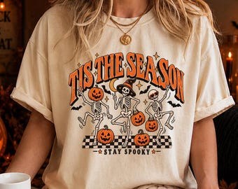 Tis the Season Halloween Shirt, Dancing Skeleton Shirt, Retro Halloween Tee, Vintage Spooky Season Shirt, Skeleton Pumpkin Graphic Tee