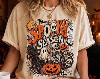 Spooky Season Halloween Shirt, Vintage Halloween Tee, Skeleton Ghost Pumpkin Shirt, Retro Horror Graphic Tee, Spooky Halloween Shirt