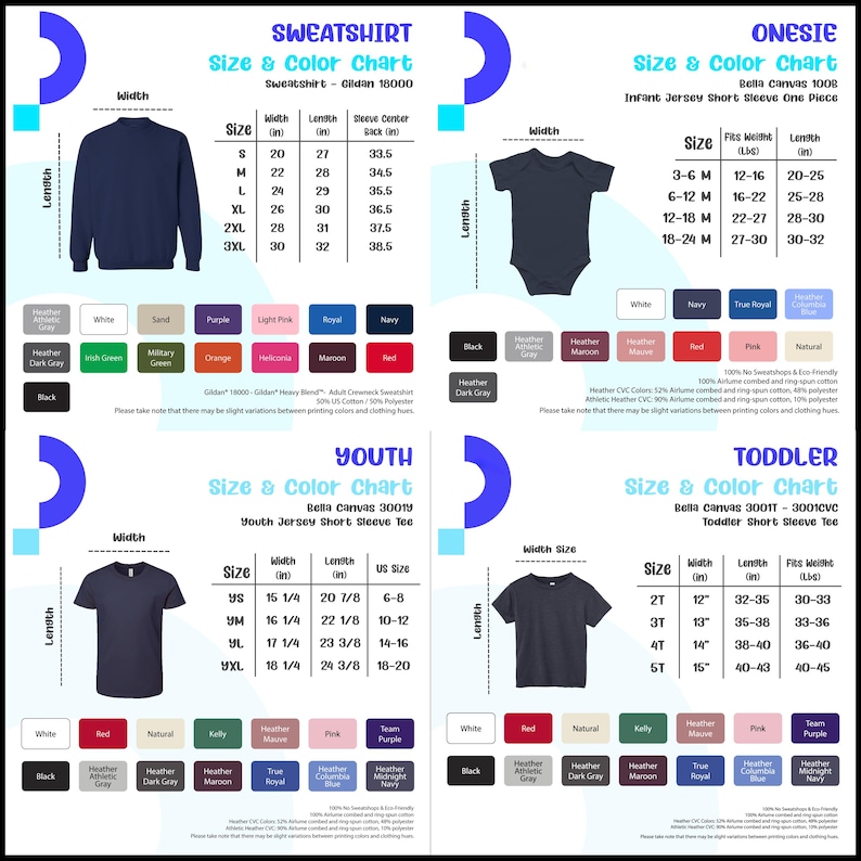 May include: Size and colour chart for Gildan 18000 sweatshirts, Bella Canvas 3001T youth t-shirts, Bella Canvas 3001 youth t-shirts, and Bella Canvas 1008 onesies. The chart includes sizes, measurements, and colour options.