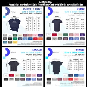 Peut inclure: Un tableau de tailles et de couleurs pour t-shirts unisexes, jeunes, tout-petits et barboteuses. Les mesures sont en pouces. Le tableau pr&eacute;sente une gamme de couleurs au choix.