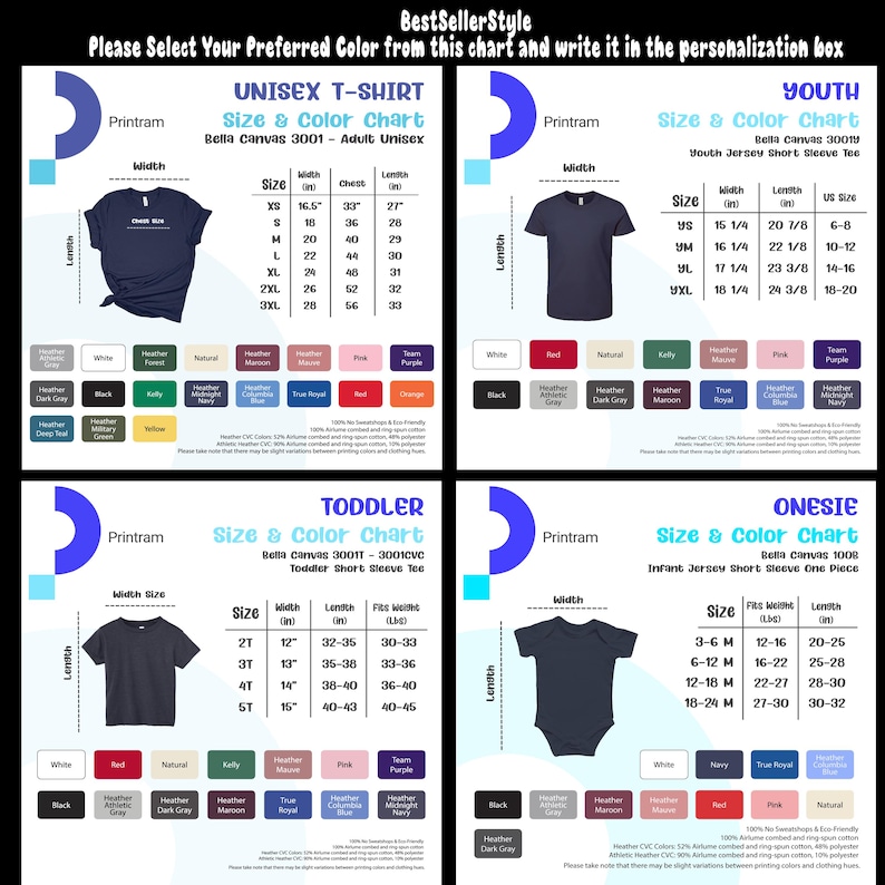 Peut inclure: Un tableau de tailles et de couleurs pour t-shirts unisexes, jeunes, tout-petits et barboteuses. Les mesures sont en pouces. Le tableau pr&eacute;sente une gamme de couleurs au choix.