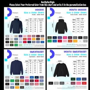 Peut inclure: Un tableau de produits avec des options de taille et de couleur pour les sweats &agrave; capuche, les sweatshirts et les v&ecirc;tements pour jeunes. Le tableau comprend des mesures en pouces et une vari&eacute;t&eacute; de couleurs, avec le texte "BestSellerStyle" en haut.