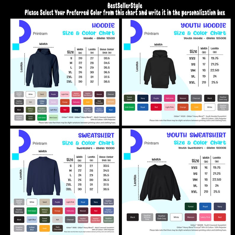Peut inclure: Un tableau de produits avec des options de taille et de couleur pour les sweats &agrave; capuche, les sweatshirts et les v&ecirc;tements pour jeunes. Le tableau comprend des mesures en pouces et une vari&eacute;t&eacute; de couleurs, avec le texte "BestSellerStyle" en haut.
