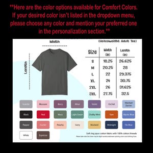 May include: A chart showing the size and dimensions of a heavyweight adult tee shirt in inches. The chart includes the width and length measurements for sizes S, M, L, XL, 2XL, and 3XL. Below the chart is a colour chart with 20 different colour options for the tee shirt.
